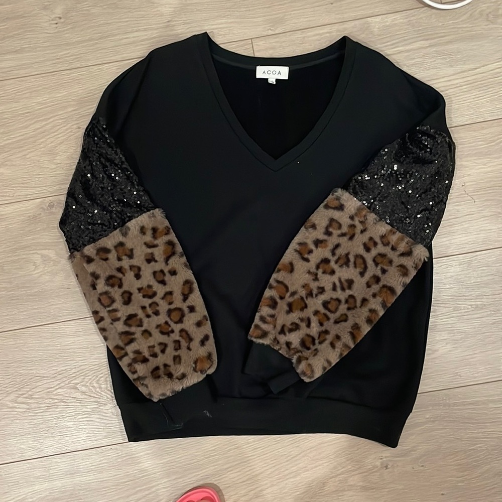 Black V- Neck Sweater with Furry Animal Print and Sequins. Size Small.